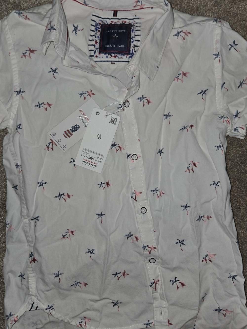 Cactus White Short-Sleeve Button-Down Shirt with Red & Blue Star Print - Picture 7 of 7